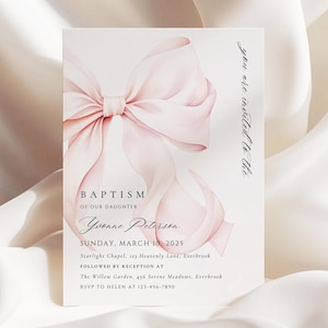 Baptism Invitation Blush Pink Bow Coquette Christening Girl Invitation Template Elegant Pink Ribbon  Printable Invite Canva Editable