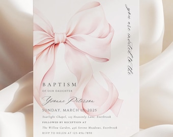 Baptism Invitation Blush Pink Bow Coquette Christening Girl Invitation Template Elegant Pink Ribbon  Printable Invite Canva Editable