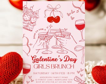 Galentine s Day Invitation Template Pink and Red Girls Brunch Invite Galentines Hand Drawn Party Valentines Day Invitation Cherry On Top