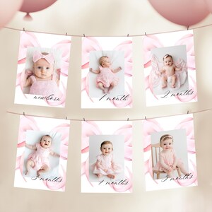May include: A series of six pink baby milestone photo cards hanging on a string. Each card features a baby photo with the month labeled: newborn, 1 month, 2 months, 3 months, 4 months, and 5 months. Pink bow and ribbon accents.