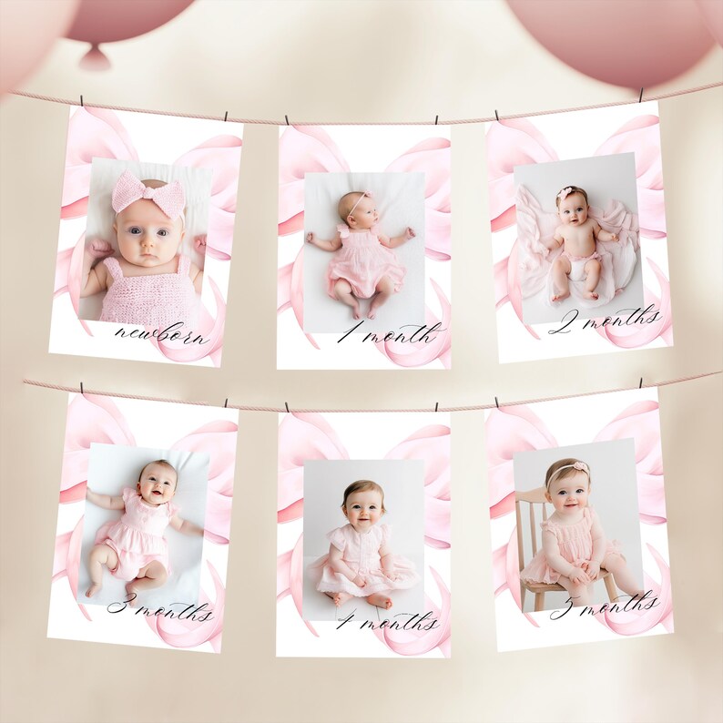 May include: A series of six pink baby milestone photo cards hanging on a string. Each card features a baby photo with the month labeled: newborn, 1 month, 2 months, 3 months, 4 months, and 5 months. Pink bow and ribbon accents.