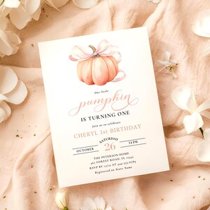 Orange Pumpkin First Birthday Invitation Pink Bow 1st Birthday Invitation Template Watercolor Fall Theme Invite Pretty Autumn Pumpkin Canva image 3