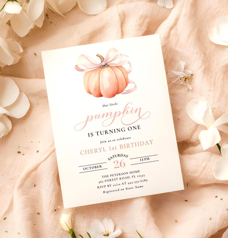 Orange Pumpkin First Birthday Invitation Pink Bow 1st Birthday Invitation Template Watercolor Fall Theme Invite Pretty Autumn Pumpkin Canva image 3