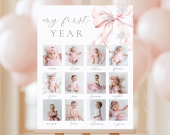 EDITABLE Pink Bow Winter Onederland 1st Birthday Monthly Milestone Board Photo Template First Birthday Girl Decor Printable Canva Template