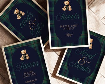 Bear Theme Table Signage | First Birthday Baby Shower Templates | Tartan Plaid Green Navy