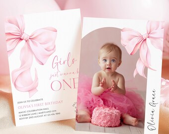 May include: Pink first birthday invitations with a watercolour bow design. One invitation features a baby in a pink tutu with a pink cake. Text includes "Girls just wanna be ONE" and event details.