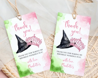 Wicked Time Birthday Favor Tag Template Witch Hat Pink Tiara Crown Green Pink Teenager Bday Party Favors Watercolor Printable Canva
