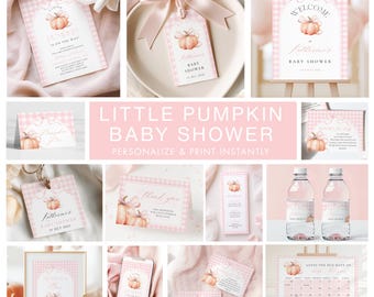 BUNDLE Little Pumpkin is On The Way Baby Shower Set Pink Bow Girl Invitation Fall Welcome Sign Digital Invite 10x Game Party Supply Bundle
