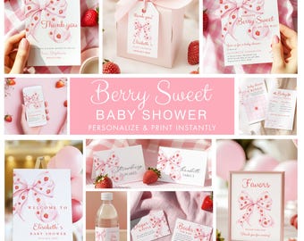 Berry Sweet Strawberry Baby Shower BUNDLE Template Baby Girl Coquette Pink Bow Baby Shower Invitation Games Welcome Sign Printable Party Set