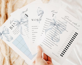 ブルーリボンブライダルシャワーゲーム印刷可能バンドルShe's Tying the Knot 10ブライダルゲームCanvaテンプレートリボンミニマリストブライダルパーティーエレガントパステル