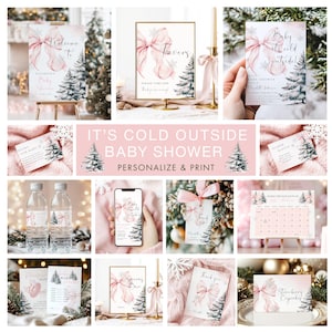 Baby Its Cold Outside Pink Bow Baby Shower BUNDLE Templates Baby Girl Snowy Pine Trees Wonderland Invitation 10x Games Welcome Sign Canva