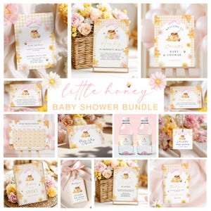 May include: A baby shower bundle with a "Little Honey" theme. The set includes invitations, signs, tags, and water bottle labels. The designs feature a honey pot, bees, and floral accents on a yellow and white checkered background.