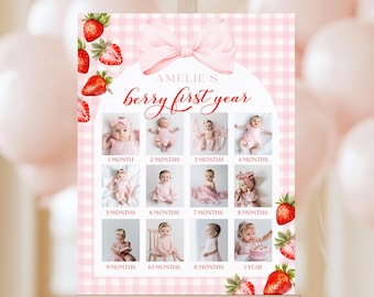Póster de tablero de fotos para el primer cumpleaños de Berry, collage de fotos de fresa con lazo rosa y cuadros vichy para niña, plantilla de Canva para imprimir