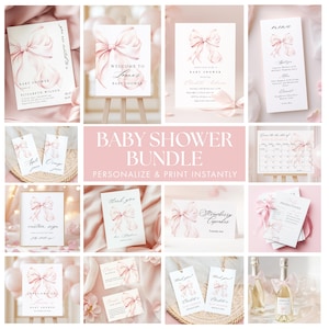 Roze strik babyshower BUNDEL sjabloon sjabloon baby meisje babyshower schattige pastel roze babyshower uitnodiging Instant Download Canva 10 x games