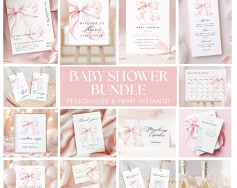 Pink Bow Baby Shower BUNDLE Template Baby Girl Baby Shower Template Cute Pastel Pink Baby Shower Invitation Instant Download Canva 10x Games