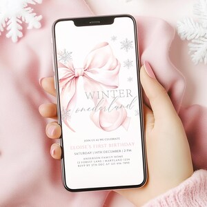 Mobile Animated Pink Bow Winter Onederland First Birthday Invitation Template Girl Snowflake 1st Birthday Pink Silver 1st Christmas Birthday image 1
