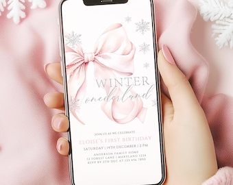 Mobile Animated Pink Bow Winter Onederland First Birthday Invitation Template Girl Snowflake 1st Birthday Pink Silver 1st Christmas Birthday