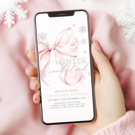 Mobile Animated Pink Bow Winter Onederland First Birthday Invitation Template Girl Snowflake 1st Birthday Pink Silver 1st Christmas Birthday