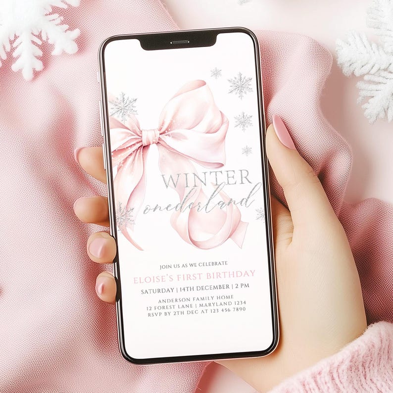 Mobile Animated Pink Bow Winter Onederland First Birthday Invitation Template Girl Snowflake 1st Birthday Pink Silver 1st Christmas Birthday image 1