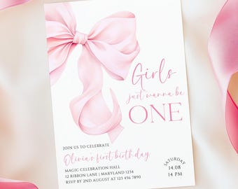 Invitación de primer cumpleaños con coqueta de Girls Just Wanna Be One Invitación de primer cumpleaños con lazo rosa Invitación elegante para fiesta temática de primer cumpleaños con lazo rosa Canva