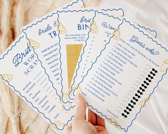 May include: A collection of bridal shower game cards with a lemon theme. The cards feature various games, including word scramble, bingo, and "Guess Who?" The cards have a white background with blue and yellow accents.