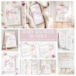 Rosa Schleife Wildblumen Baby Shower BUNDLE Vorlage Baby Girl Floral Cute Pink Bow Baby Shower Einladung Spiele Willkommensschild Menükarte Canva