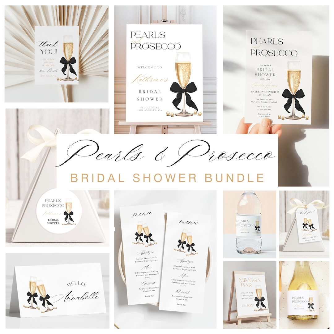 BUNDLE Pearls and Prosecco Black Bow Bridal Shower Template Pearls ...