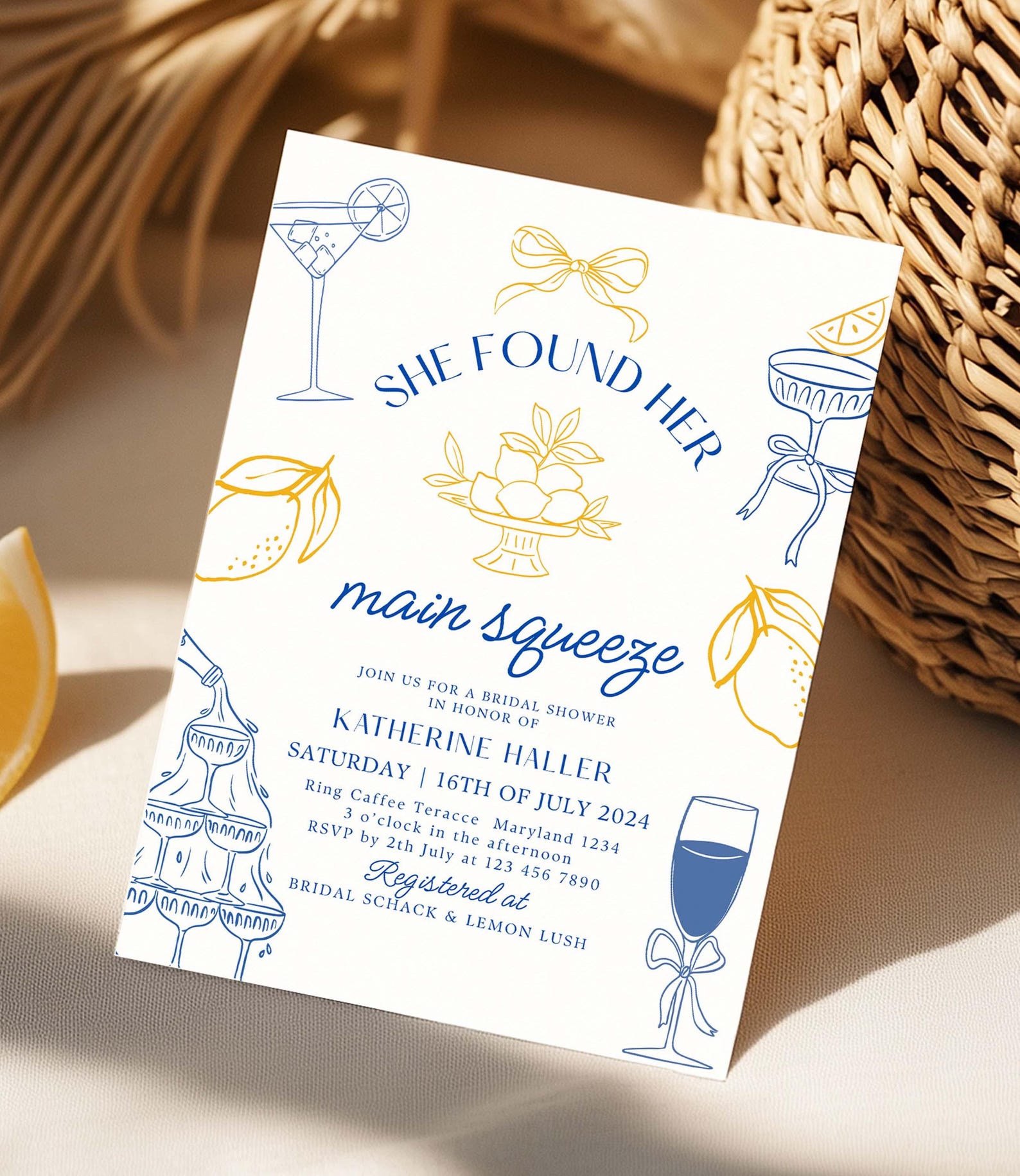 She Found Her Main Squeeze Bridal Shower Invitation Canva Template Blue ...