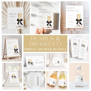 LOT Perles et Prosecco Black Bow Bridal Shower Template Perles & Prosecco champagne brunch pétillant Party panneau de bienvenue Menu Jeux de cartes