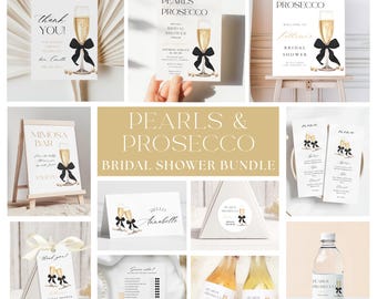 PAKET Pärlor och Prosecco Svart rosett Mall för möhippa Pärlor och Prosecco Champagne Bubblig Brunchfest Välkomstskylt Meny Kortspel