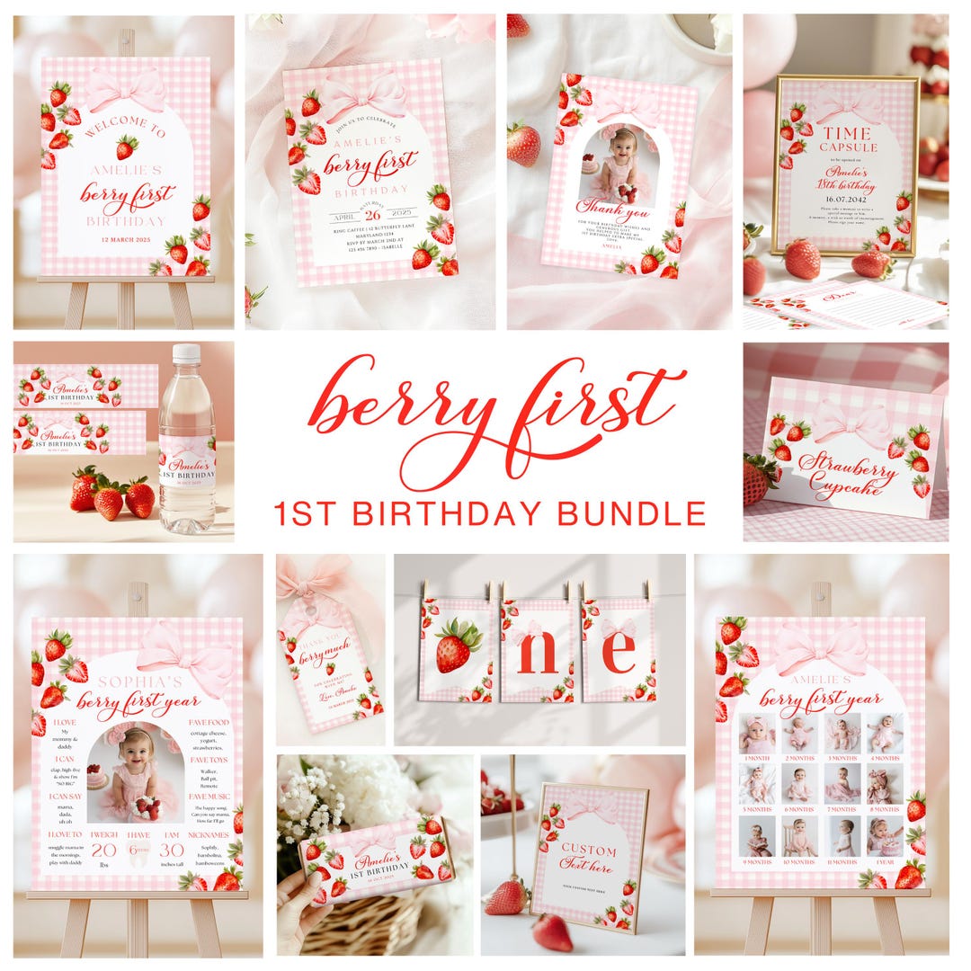 Strawberry 1st Birthday BUNDLE Pink Bow Gingham Berry First Birthday ...