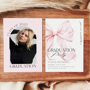 May include: Two pink graduation party invitations. One features a photo of a woman in a black turtleneck and the text "Class of 2025" and "Graduation". The other features a pink watercolor bow and the text "You are invited to a Graduation Party in honor of Yvonne Peterson, Saturday, July 16, 2025. The Willow Gardens, 47 Stone Meadows, Eastwood. RSVP to Helen at 123-456-7890."