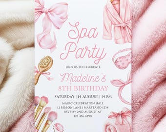 Spa Birthday Party Invitation, Pink Pamper Party Theme (Editable Canva Template) Girly Tween Teen Birthday Coquette Invite Printable