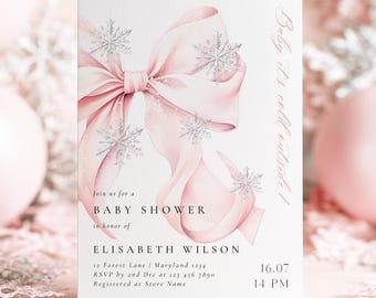 Einladungsvorlage für eine Babyparty mit rosa Schleife – „Es ist kalt draußen“ | Druckbarer digitaler Download (Canva)