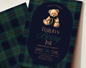Preppy Luxury – Einladungsvorlage für den ersten Geburtstag eines Jungen mit Bärenmotiv – CANVA DIGITAL