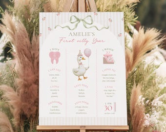 ONE Silly Goose 1st Birthday Milestone Board | Girl First Bday Canva Printable