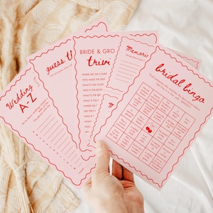 Juegos de despedida de soltera con cerezas en la parte superior Juegos de despedida de soltera en rosa y rojo Plantilla de borde ondulado retro Tema dibujado a mano Actividad divertida y coqueta Canva