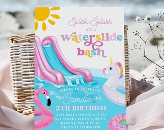 May include: A party invitation with a waterslide theme. The invitation features a pink waterslide, a yellow sun, and inflatable pool toys. Text on the invitation reads "Splish Splash it's a waterslide bash" and details for a 5th birthday party.