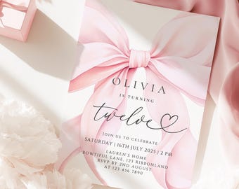 Einladungsvorlage zum 12. Geburtstag mit rosa Schleife | Verspielte Einladung zum Sweet Sixteen | Canva-Druckvorlage, mädchenhaft und trendig, für jedes Alter