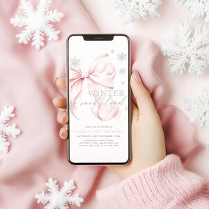 Mobile Animated Pink Bow Winter Onederland First Birthday Invitation Template Girl Snowflake 1st Birthday Pink Silver 1st Christmas Birthday image 3