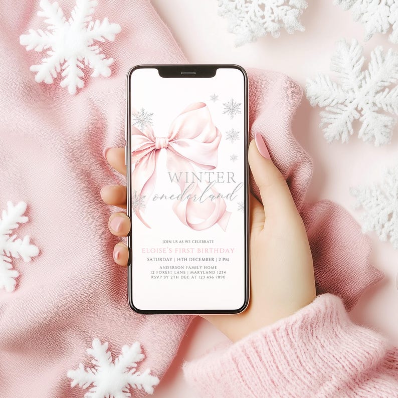Mobile Animated Pink Bow Winter Onederland First Birthday Invitation Template Girl Snowflake 1st Birthday Pink Silver 1st Christmas Birthday image 3