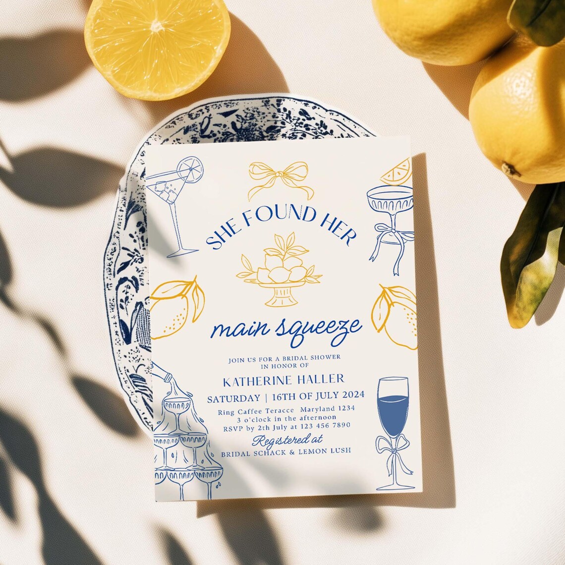 She Found Her Main Squeeze Bridal Shower Invitation Canva Template Blue ...