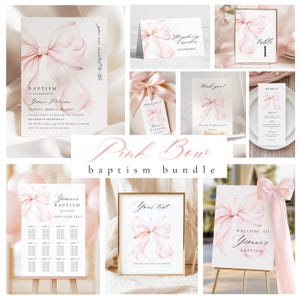 May include: A collection of pink bow-themed baptism stationery. Includes invitations, table cards, thank you notes, and a seating chart. The design features watercolor bows and elegant typography. The text includes "Pink Bow baptism bundle".