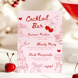 Szablon karty menu koktajlowego dla panny młodej Cherry Bridal Shower Pink Red Girls Brunch Drink Card Retro ręcznie rysowane wieczór panieński Cherry On Top Canva