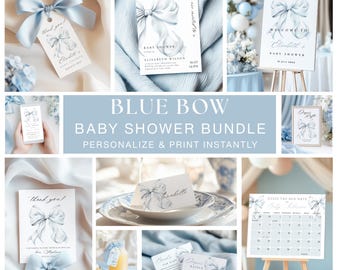 Blue Bow Baby Shower BUNDLE Template Baby Boy Baby Shower Template Cute Dusty Blue Baby Shower Invitation Instant Download Canva 10x Games
