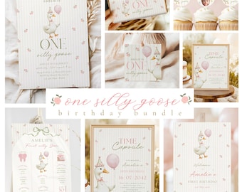 ONE Silly Goose 1st Birthday BUNDLE | Vintage Floral Girl Birthday Canva Printable Event Package