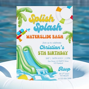 Editable Waterslide Birthday Invitation for Boys Splish Splash Pool Party Invite Summer Slide Bash Printable Canva Template Water Slide Bash