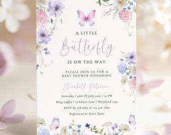 May include: A white baby shower invitation with a purple butterfly and floral border. The text reads "A Little Butterfly is on the Way. Please join us for a baby shower honoring Elisabeth Peterson. Saturday 16th of July 202x 14 PM. Ring Caffee 12 Forest Lane | Maryland 1234. RSVP by 27th July at 123 456 7890. Registered at Store Name."
