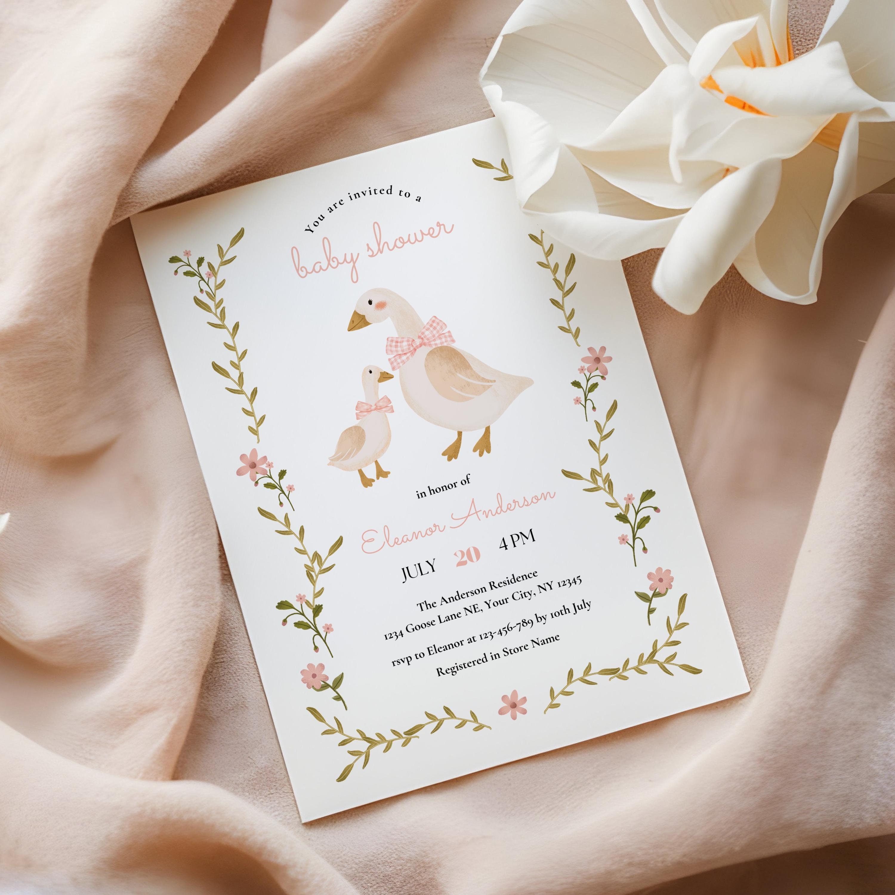 Vintage Goose Baby Shower Invitation Instant Download Simple Watercolor Mama and Baby Goose Pink Flowers Green Vines Editable Canva Template