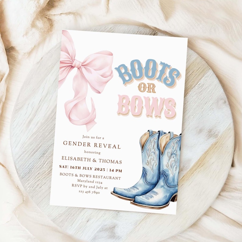 Boots or Bows Gender Reveal Invitation Template | Pink or Blue Western Theme | Editable Digital Invite Canva Printable Coquette Aesthetic image 3
